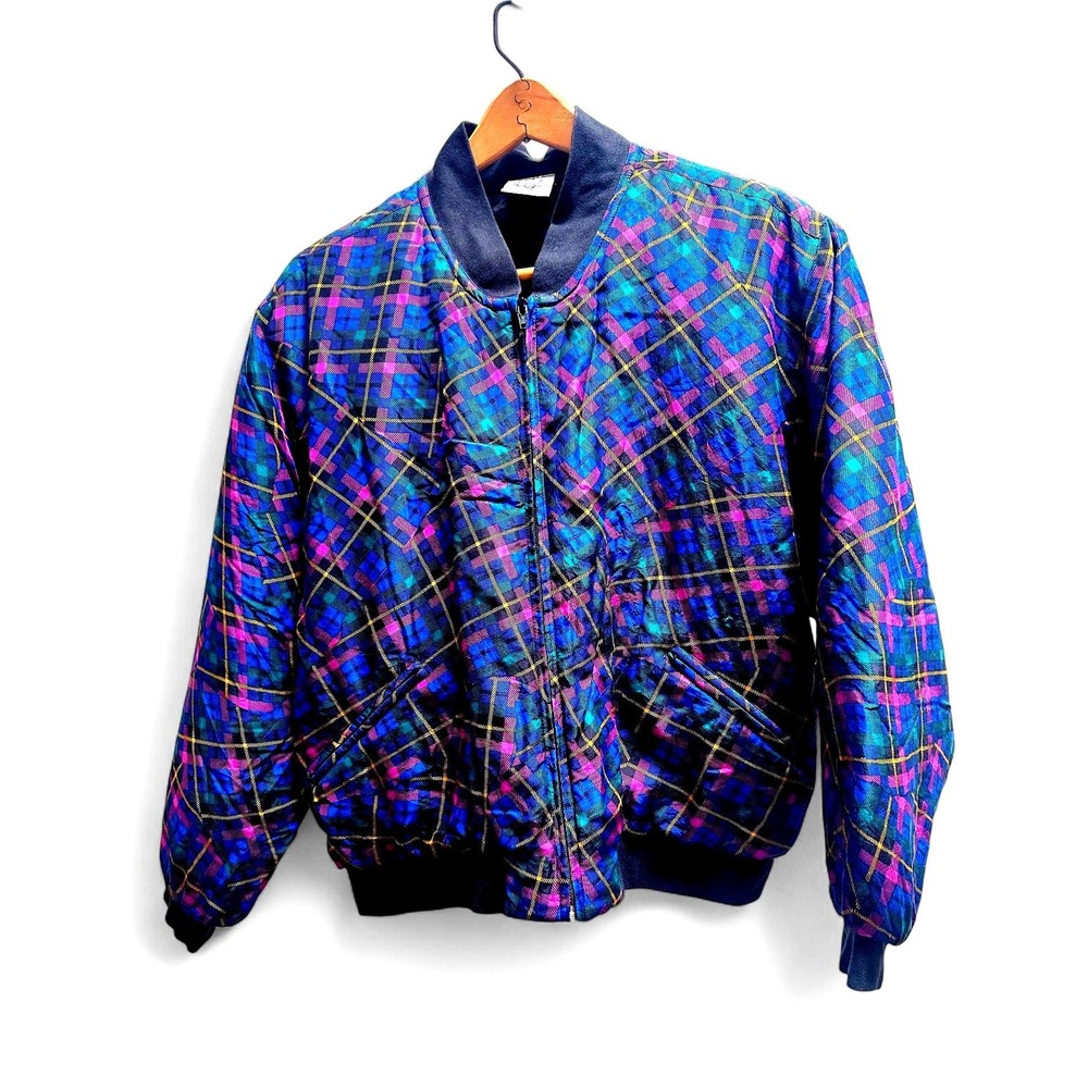 VTGDiane Gilman Studio DG Silk‎ Bomber Jacket Womens M Plaid Jewel Quilted 80s